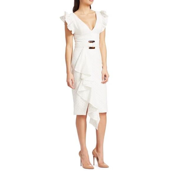 PATBO romantic ruffle sleeve Belted Eyelet Midi Dress In White sz 4 - Picture 5 of 14